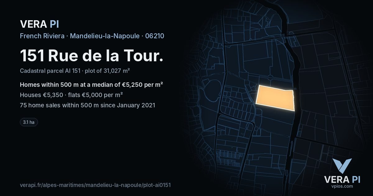 151 Rue de la Tour, Mandelieu-la-Napoule at night – the plot lit, the parcels around coloured by the prices near them
