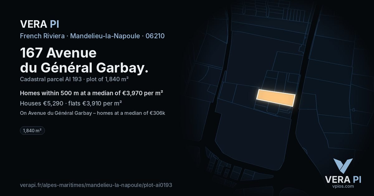 167 Avenue du Général Garbay, Mandelieu-la-Napoule at night – the plot lit, the parcels around coloured by the prices near them