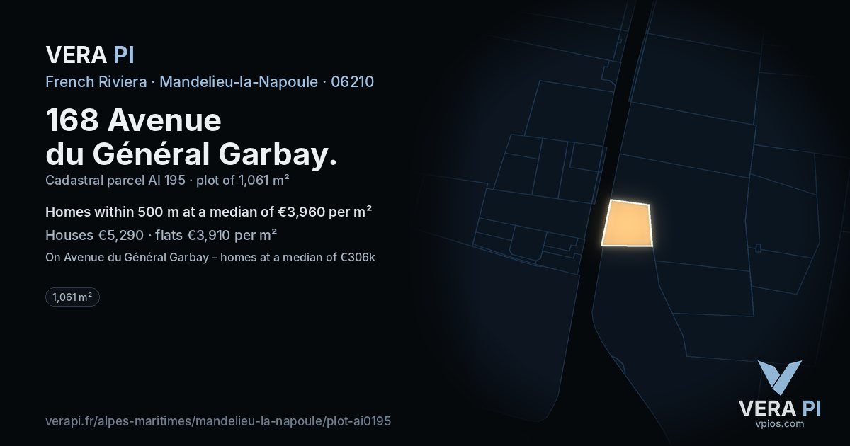 168 Avenue du Général Garbay, Mandelieu-la-Napoule at night – the plot lit, the parcels around coloured by the prices near them