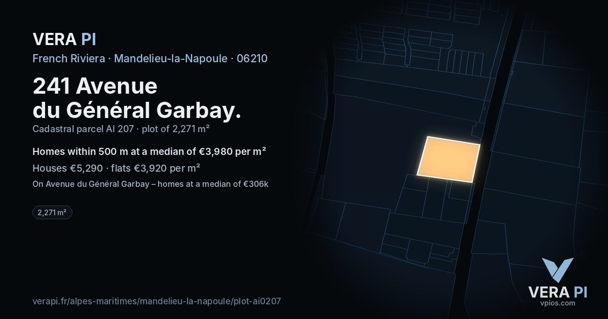 241 Avenue du Général Garbay, Mandelieu-la-Napoule at night – the plot lit, the parcels around coloured by the prices near them