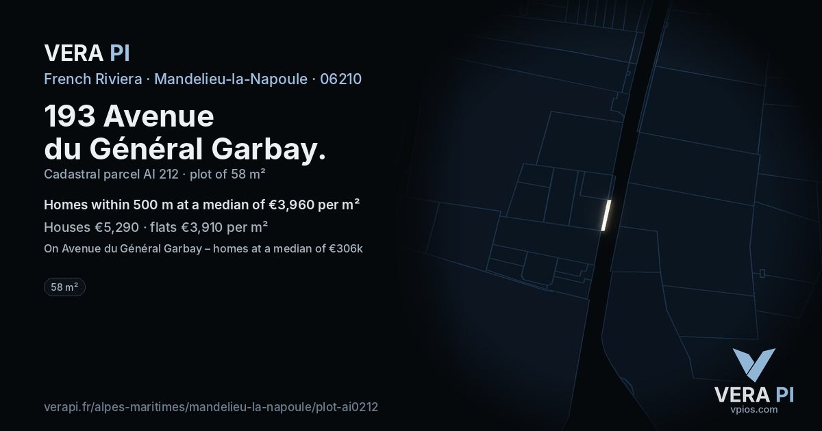 193 Avenue du Général Garbay, Mandelieu-la-Napoule at night – the plot lit, the parcels around coloured by the prices near them