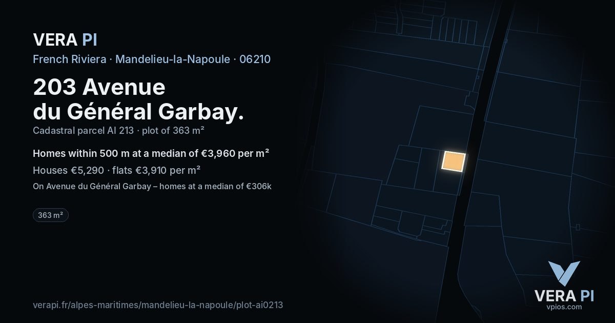 203 Avenue du Général Garbay, Mandelieu-la-Napoule at night – the plot lit, the parcels around coloured by the prices near them