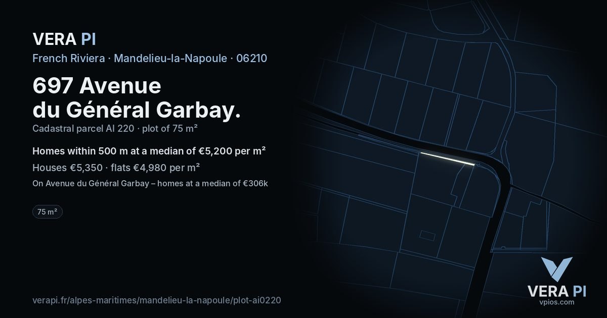 697 Avenue du Général Garbay, Mandelieu-la-Napoule at night – the plot lit, the parcels around coloured by the prices near them