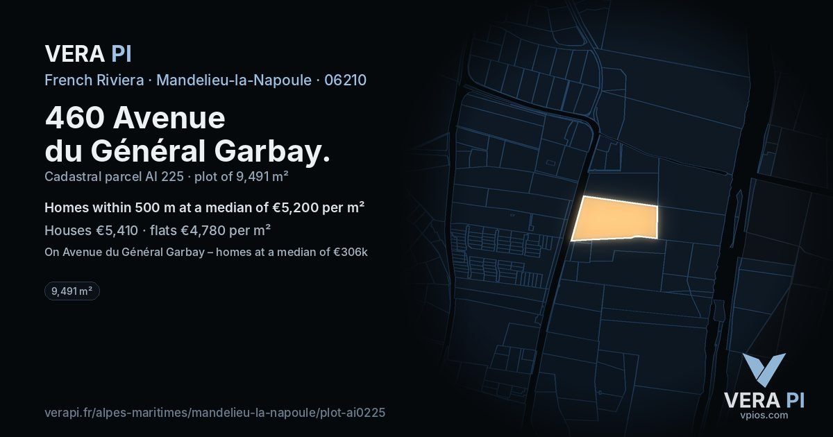 460 Avenue du Général Garbay, Mandelieu-la-Napoule at night – the plot lit, the parcels around coloured by the prices near them