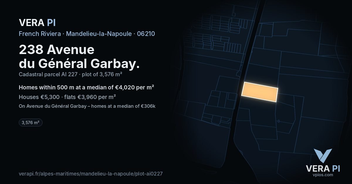 238 Avenue du Général Garbay, Mandelieu-la-Napoule at night – the plot lit, the parcels around coloured by the prices near them