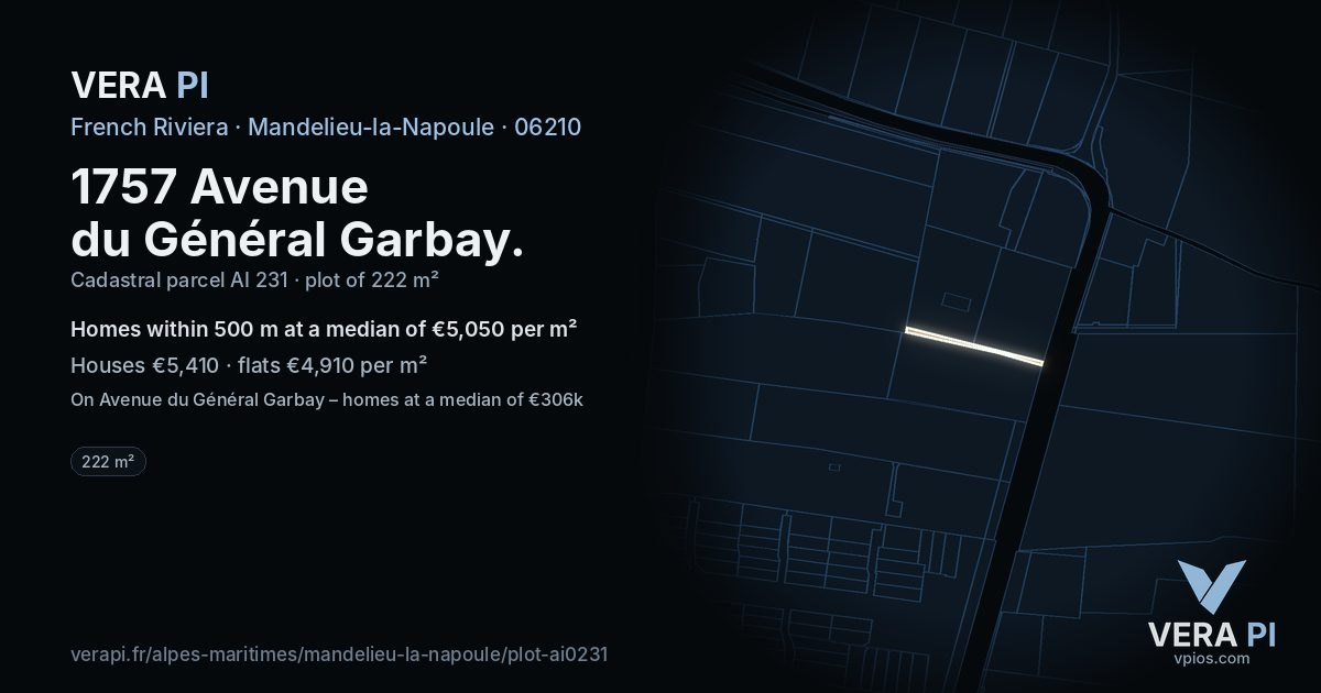 1757 Avenue du Général Garbay, Mandelieu-la-Napoule at night – the plot lit, the parcels around coloured by the prices near them