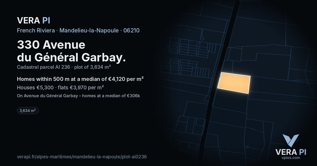 330 Avenue du Général Garbay, Mandelieu-la-Napoule at night – the plot lit, the parcels around coloured by the prices near them