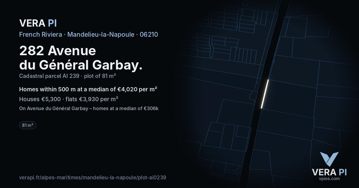 282 Avenue du Général Garbay, Mandelieu-la-Napoule at night – the plot lit, the parcels around coloured by the prices near them
