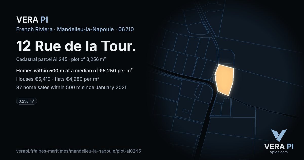 12 Rue de la Tour, Mandelieu-la-Napoule at night – the plot lit, the parcels around coloured by the prices near them
