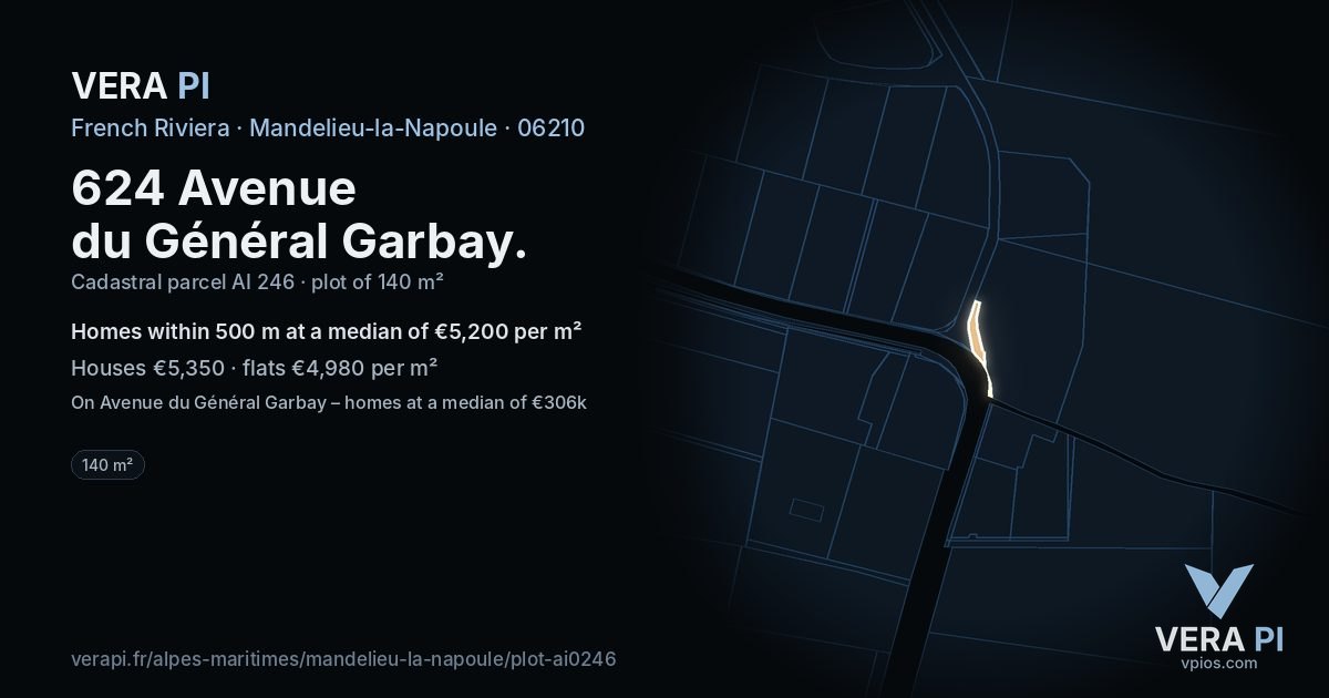 624 Avenue du Général Garbay, Mandelieu-la-Napoule at night – the plot lit, the parcels around coloured by the prices near them