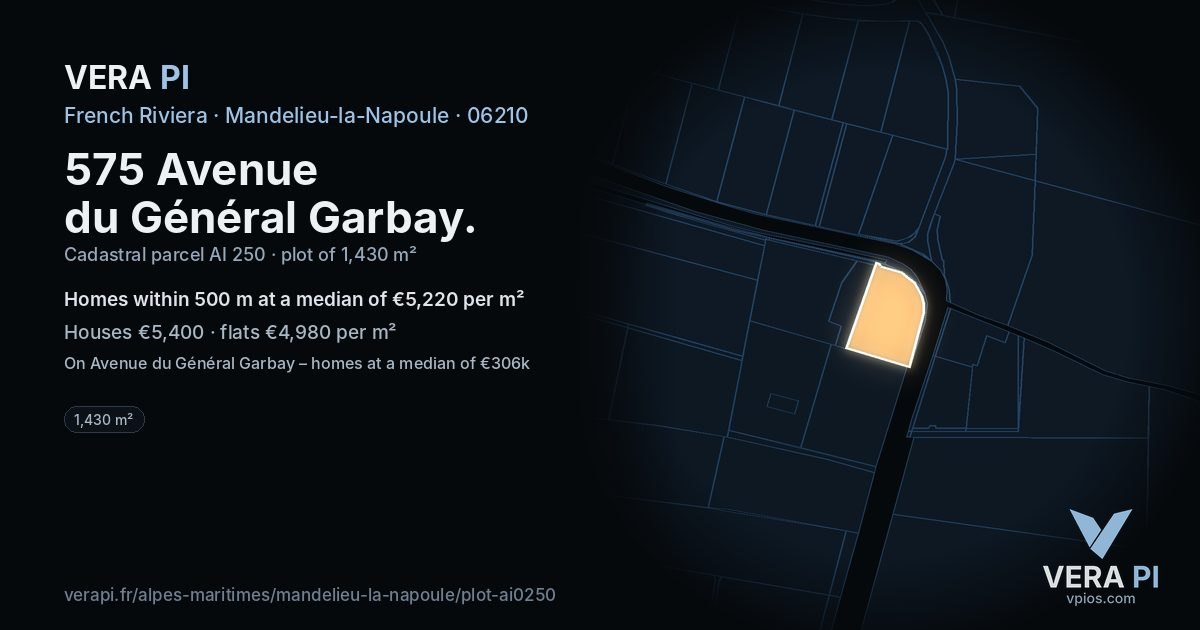575 Avenue du Général Garbay, Mandelieu-la-Napoule at night – the plot lit, the parcels around coloured by the prices near them