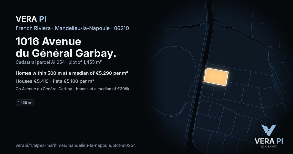 1016 Avenue du Général Garbay, Mandelieu-la-Napoule at night – the plot lit, the parcels around coloured by the prices near them