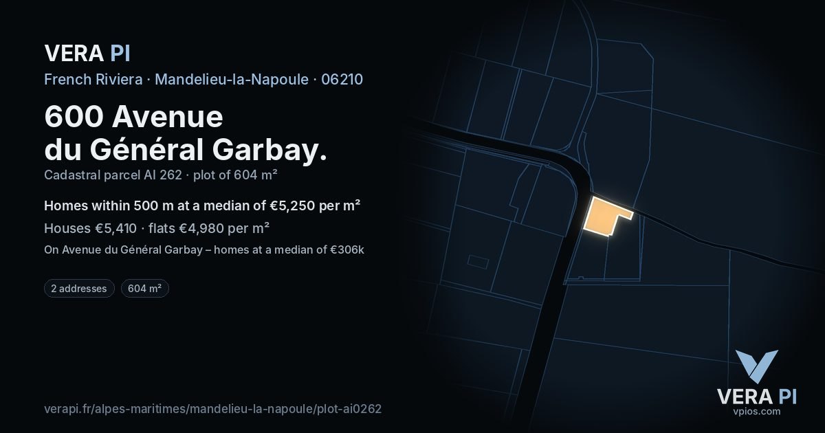 600 Avenue du Général Garbay, Mandelieu-la-Napoule at night – the plot lit, the parcels around coloured by the prices near them