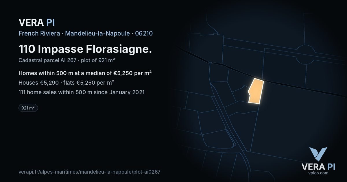 110 Impasse Florasiagne, Mandelieu-la-Napoule at night – the plot lit, the parcels around coloured by the prices near them