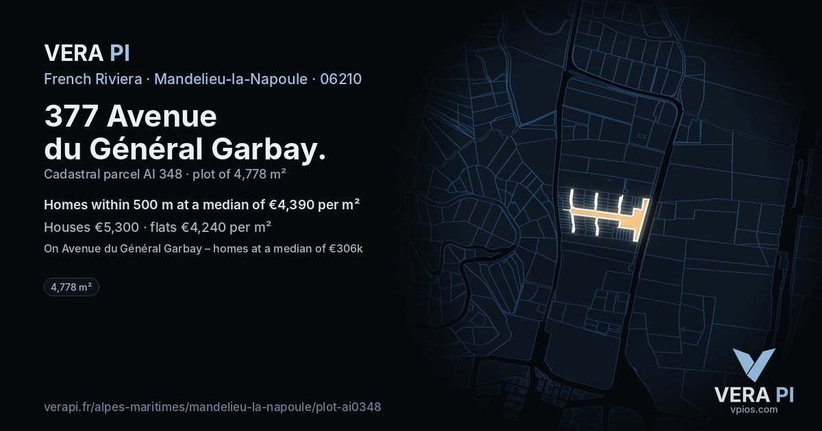 377 Avenue du Général Garbay, Mandelieu-la-Napoule at night – the plot lit, the parcels around coloured by the prices near them