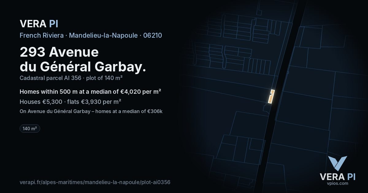 293 Avenue du Général Garbay, Mandelieu-la-Napoule at night – the plot lit, the parcels around coloured by the prices near them