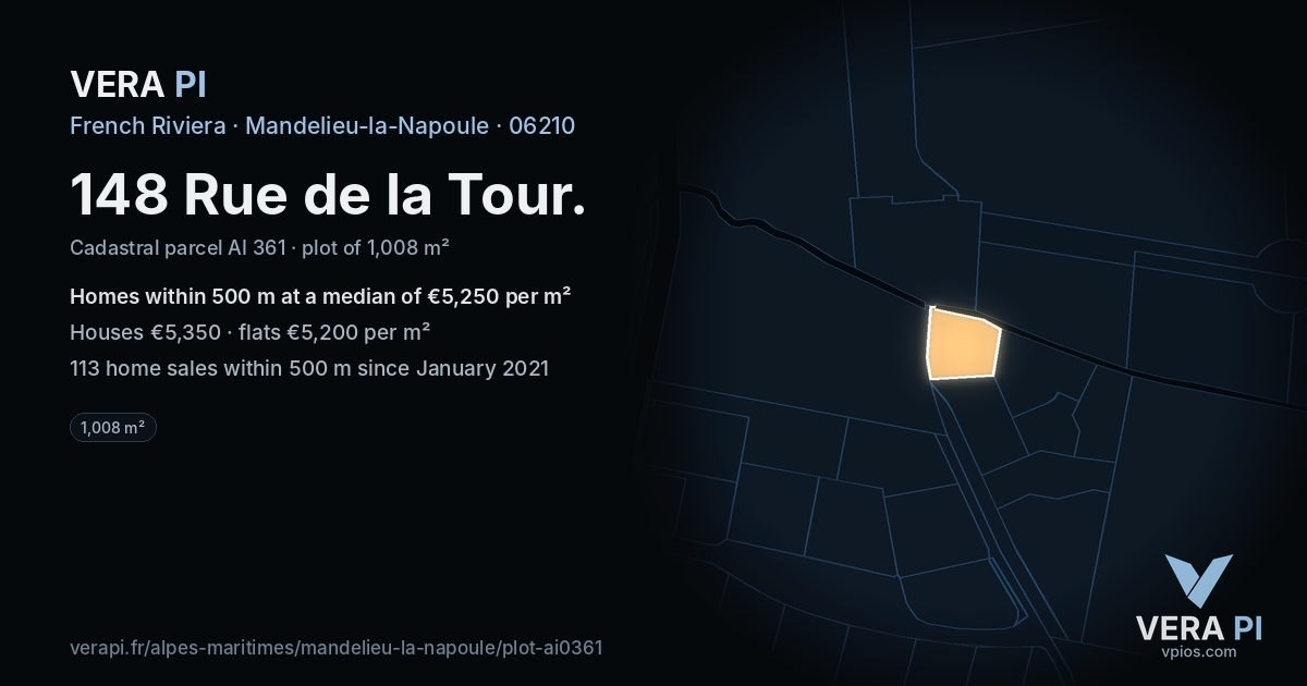 148 Rue de la Tour, Mandelieu-la-Napoule at night – the plot lit, the parcels around coloured by the prices near them