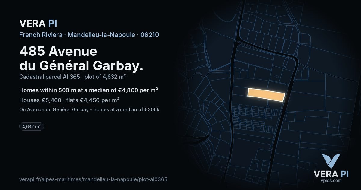 485 Avenue du Général Garbay, Mandelieu-la-Napoule at night – the plot lit, the parcels around coloured by the prices near them