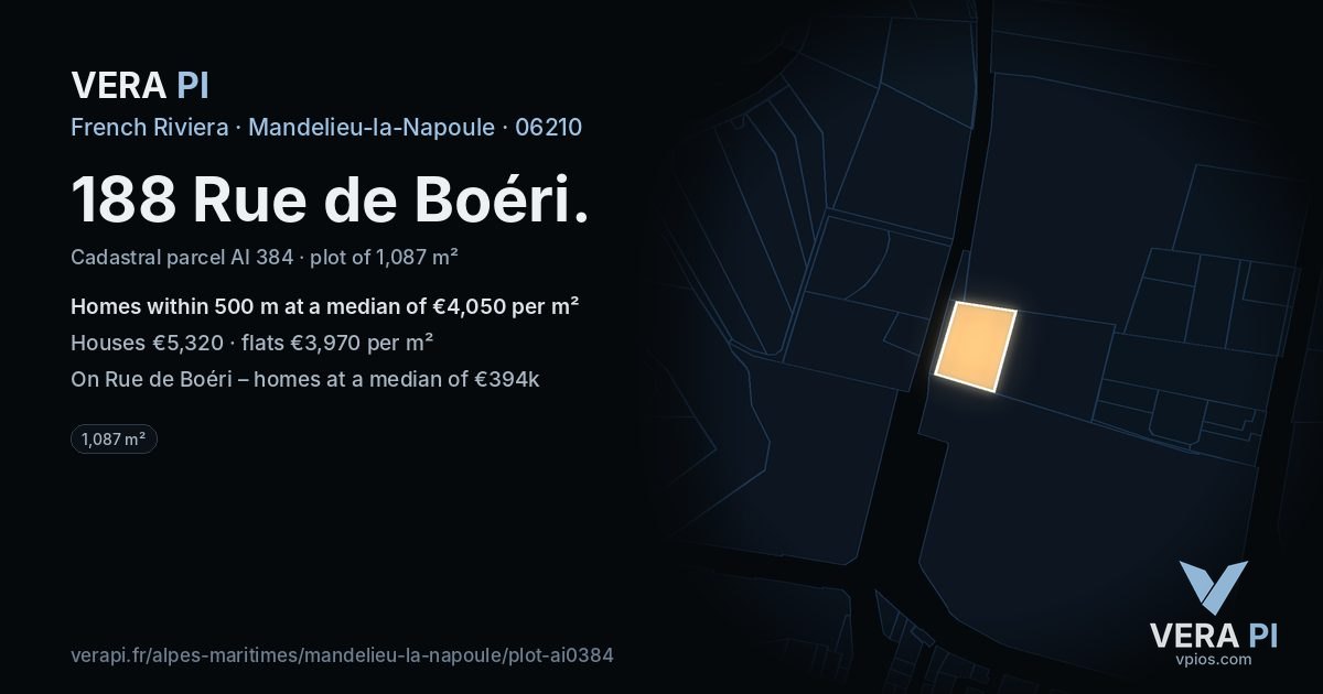188 Rue de Boéri, Mandelieu-la-Napoule at night – the plot lit, the parcels around coloured by the prices near them