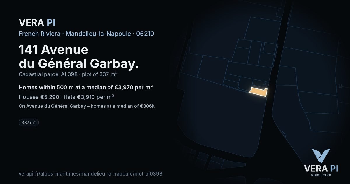 141 Avenue du Général Garbay, Mandelieu-la-Napoule at night – the plot lit, the parcels around coloured by the prices near them