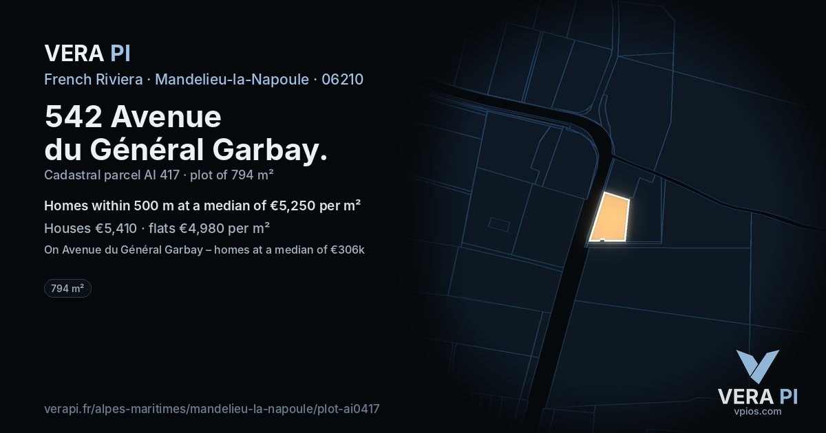 542 Avenue du Général Garbay, Mandelieu-la-Napoule at night – the plot lit, the parcels around coloured by the prices near them