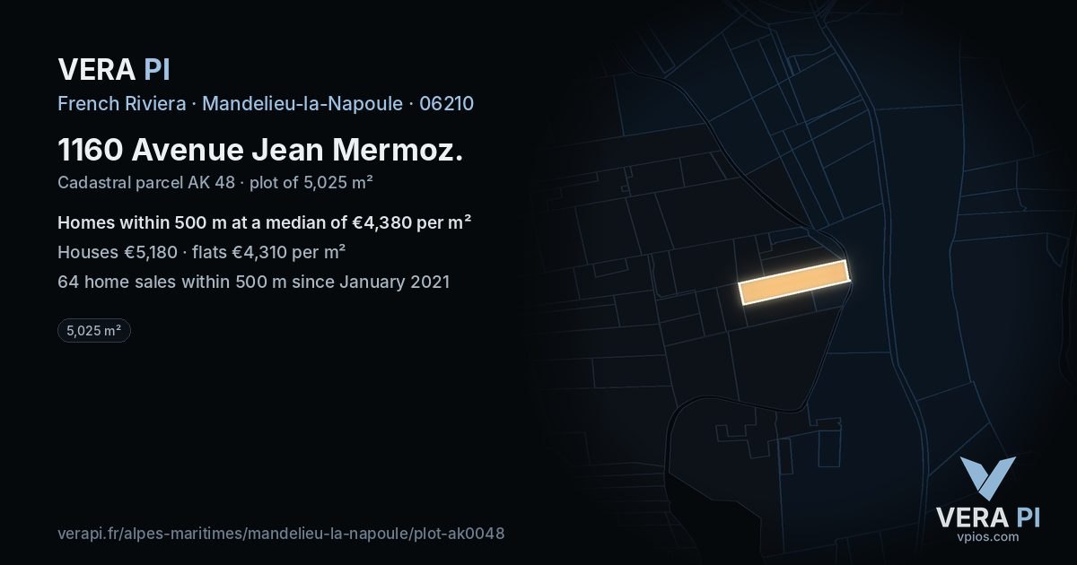 1160 Avenue Jean Mermoz, Mandelieu-la-Napoule at night – the plot lit, the parcels around coloured by the prices near them