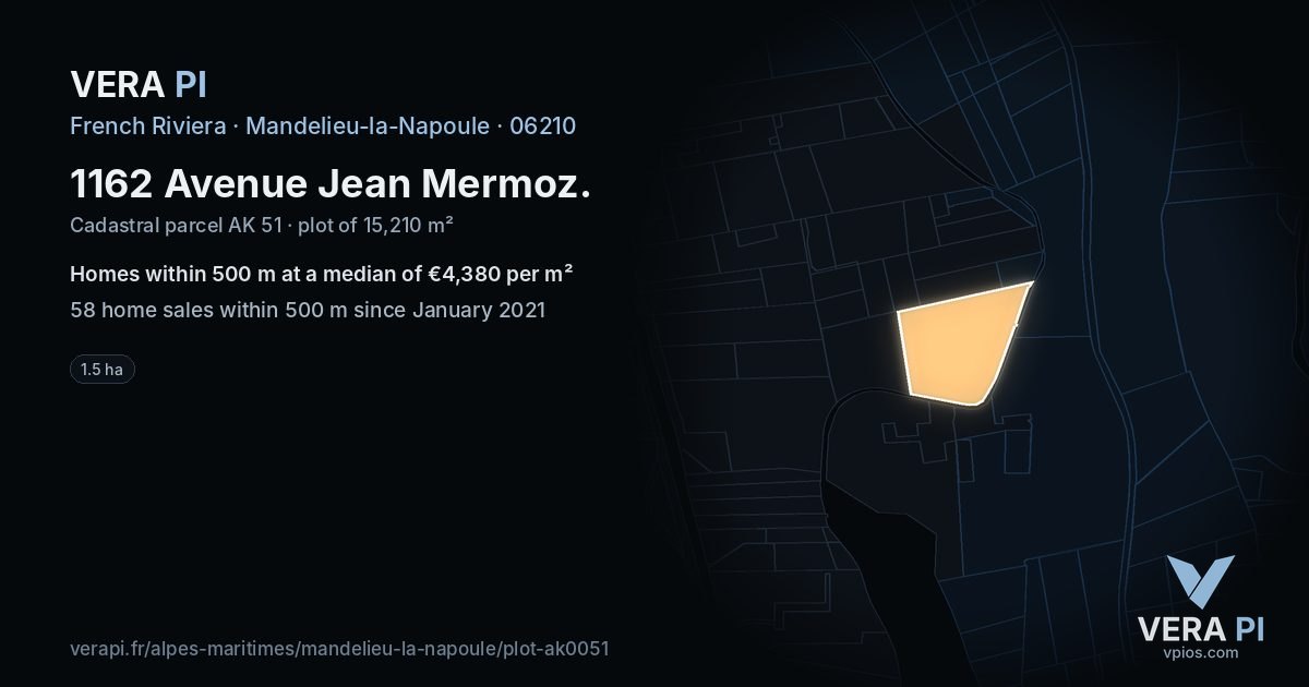 1162 Avenue Jean Mermoz, Mandelieu-la-Napoule at night – the plot lit, the parcels around coloured by the prices near them