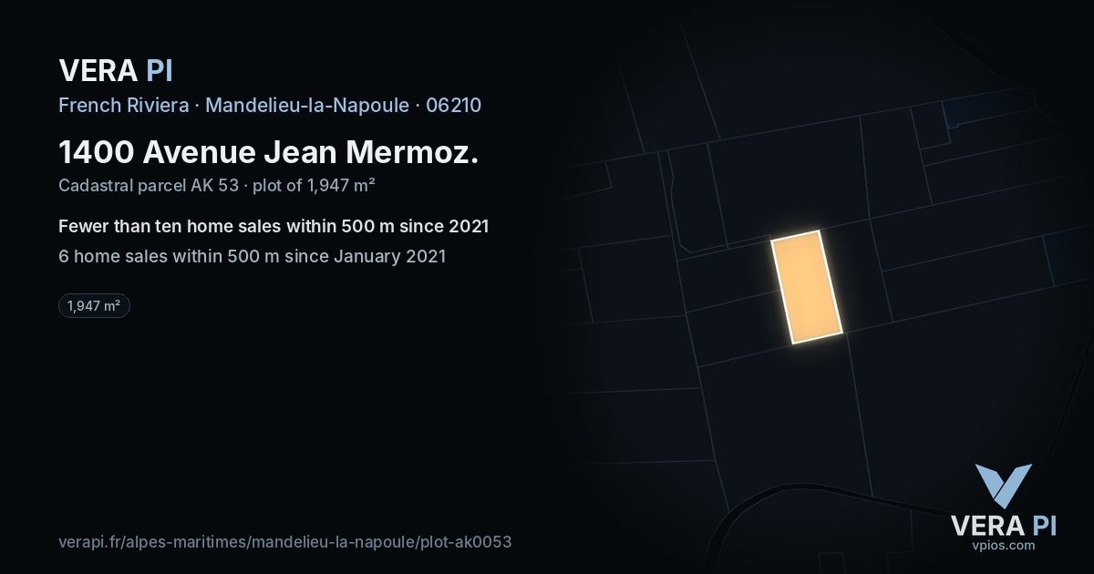 1400 Avenue Jean Mermoz, Mandelieu-la-Napoule at night – the plot lit, the parcels around coloured by the prices near them