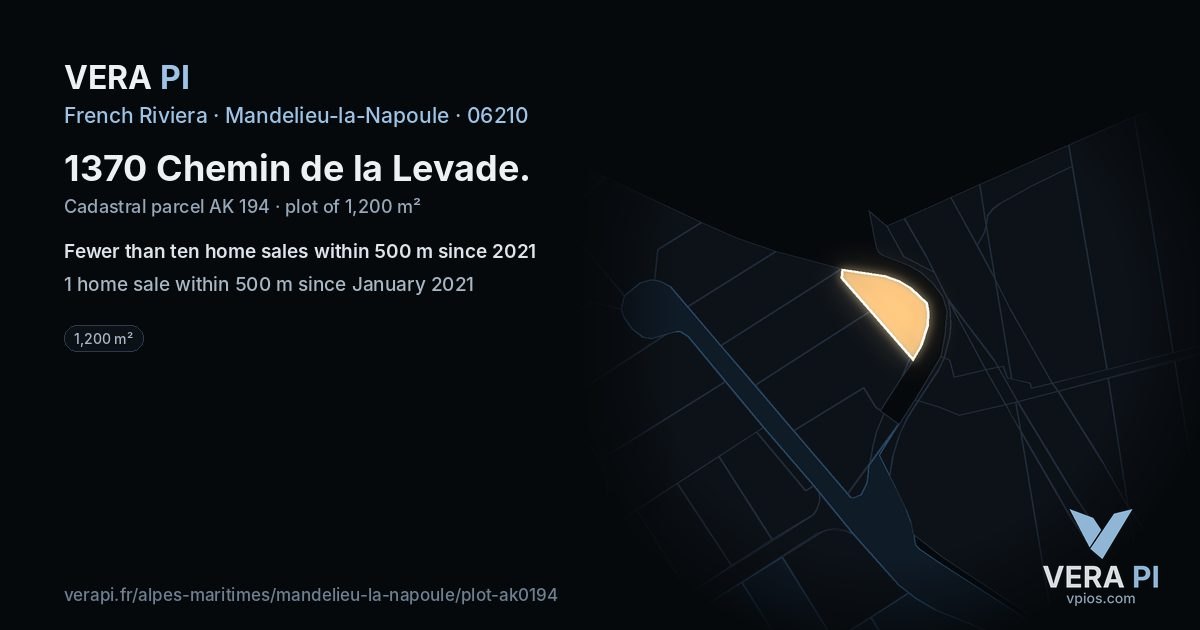 1370 Chemin de la Levade, Mandelieu-la-Napoule at night – the plot lit, the parcels around coloured by the prices near them