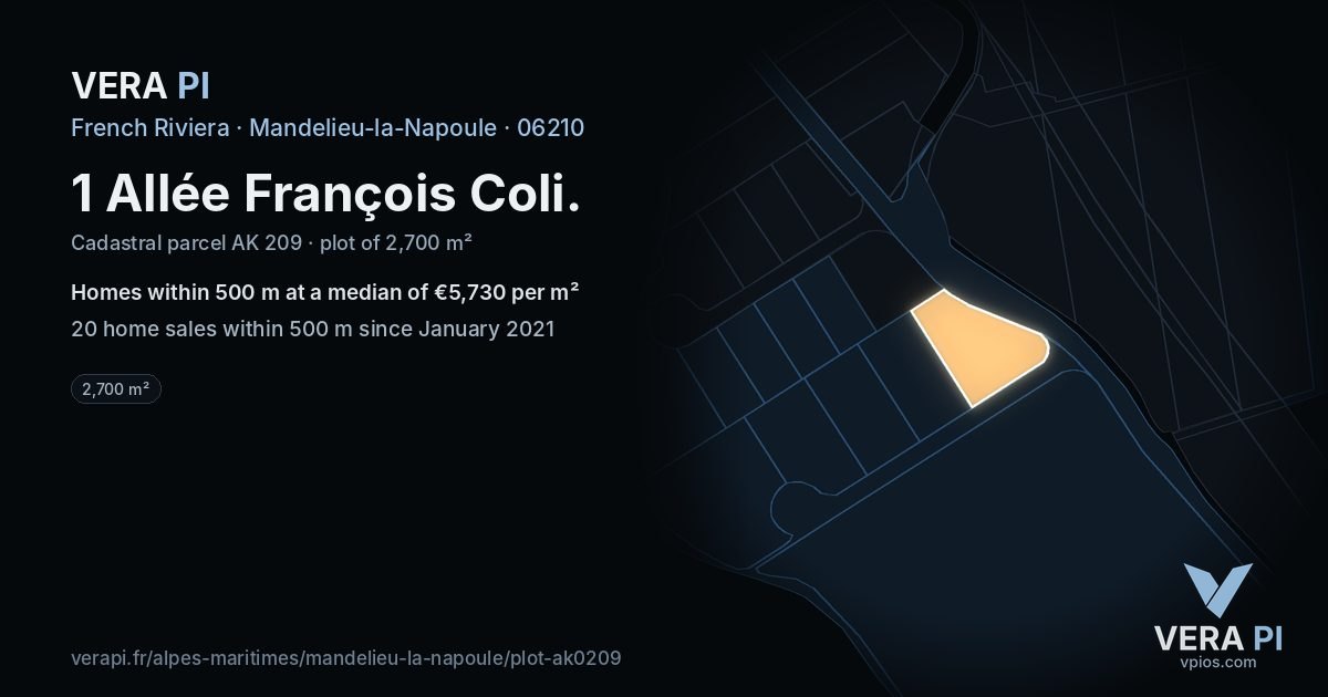 1 Allée François Coli, Mandelieu-la-Napoule at night – the plot lit, the parcels around coloured by the prices near them