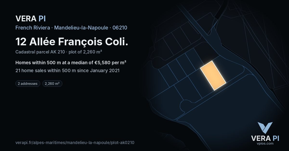 12 Allée François Coli, Mandelieu-la-Napoule at night – the plot lit, the parcels around coloured by the prices near them