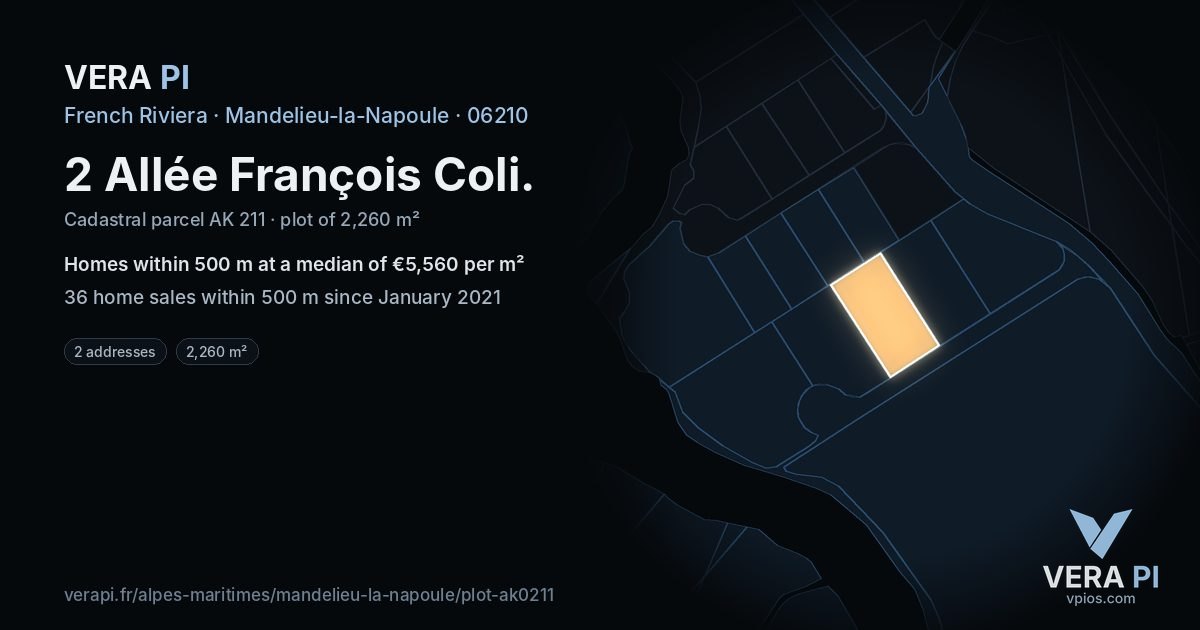 2 Allée François Coli, Mandelieu-la-Napoule at night – the plot lit, the parcels around coloured by the prices near them