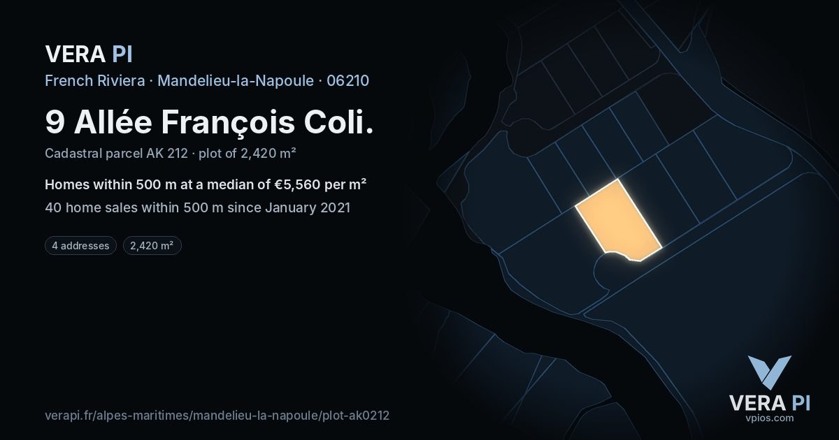 9 Allée François Coli, Mandelieu-la-Napoule at night – the plot lit, the parcels around coloured by the prices near them