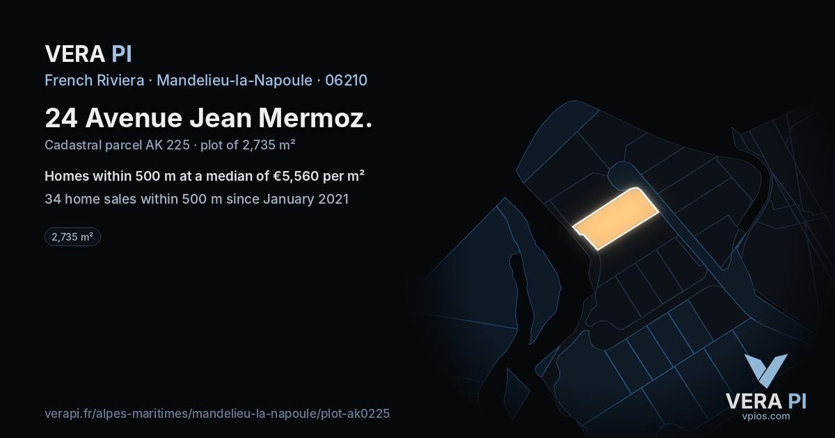 24 Avenue Jean Mermoz, Mandelieu-la-Napoule at night – the plot lit, the parcels around coloured by the prices near them