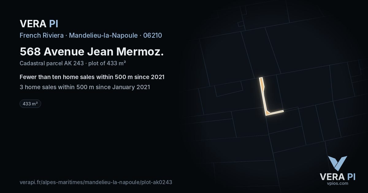 568 Avenue Jean Mermoz, Mandelieu-la-Napoule at night – the plot lit, the parcels around coloured by the prices near them