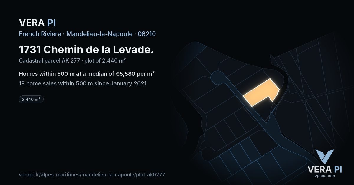 1731 Chemin de la Levade, Mandelieu-la-Napoule at night – the plot lit, the parcels around coloured by the prices near them