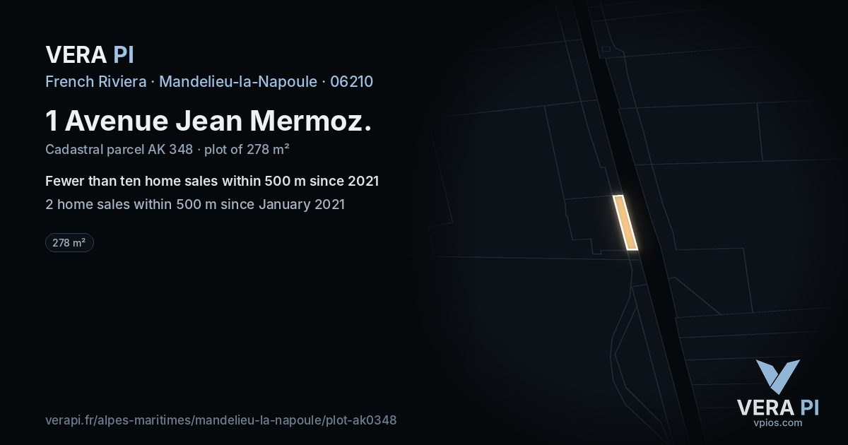 1 Avenue Jean Mermoz, Mandelieu-la-Napoule at night – the plot lit, the parcels around coloured by the prices near them