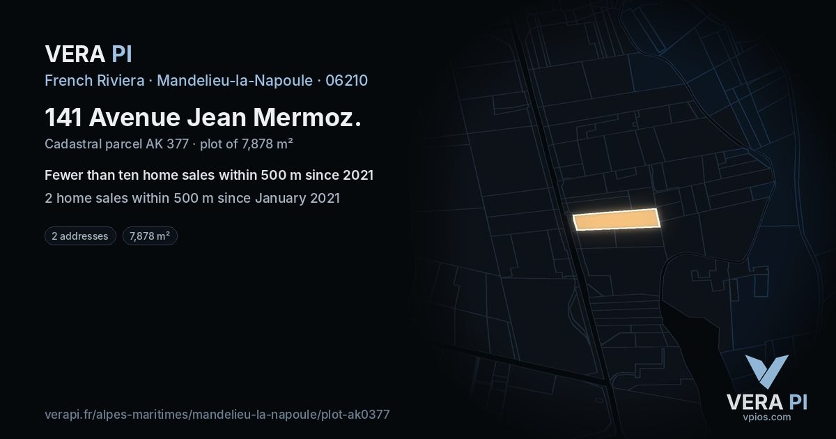 141 Avenue Jean Mermoz, Mandelieu-la-Napoule at night – the plot lit, the parcels around coloured by the prices near them