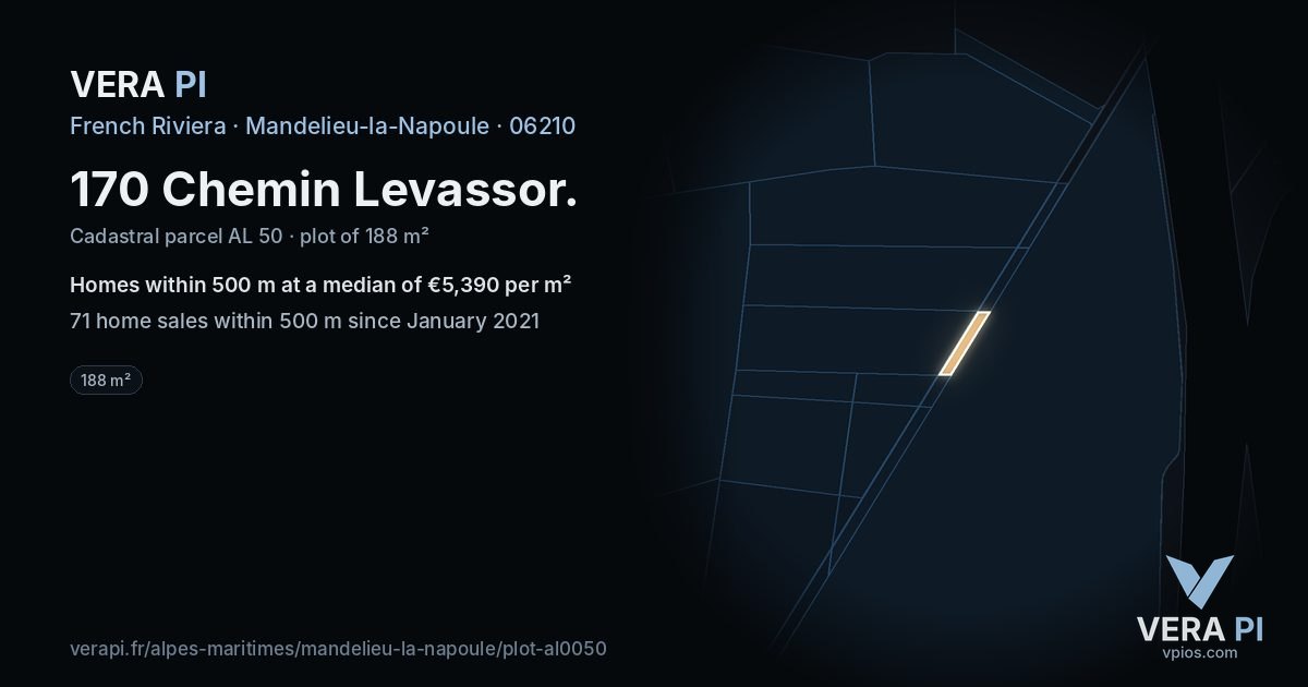 170 Chemin Levassor, Mandelieu-la-Napoule at night – the plot lit, the parcels around coloured by the prices near them