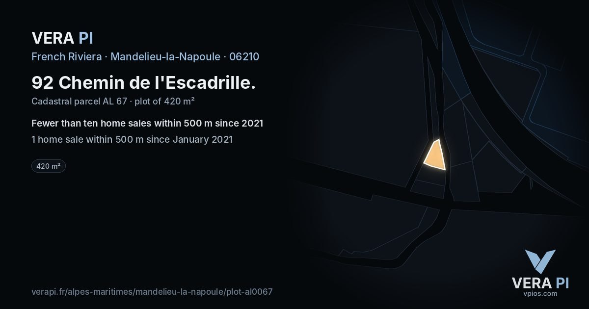 92 Chemin de l'Escadrille, Mandelieu-la-Napoule at night – the plot lit, the parcels around coloured by the prices near them