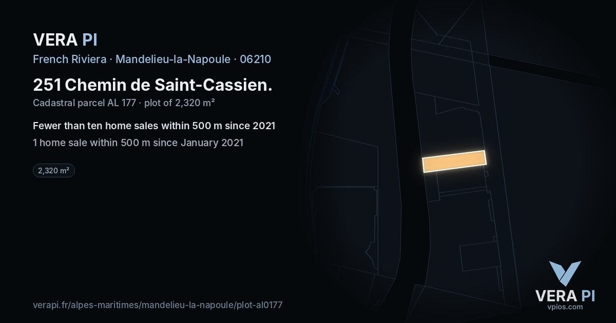 251 Chemin de Saint-Cassien, Mandelieu-la-Napoule at night – the plot lit, the parcels around coloured by the prices near them
