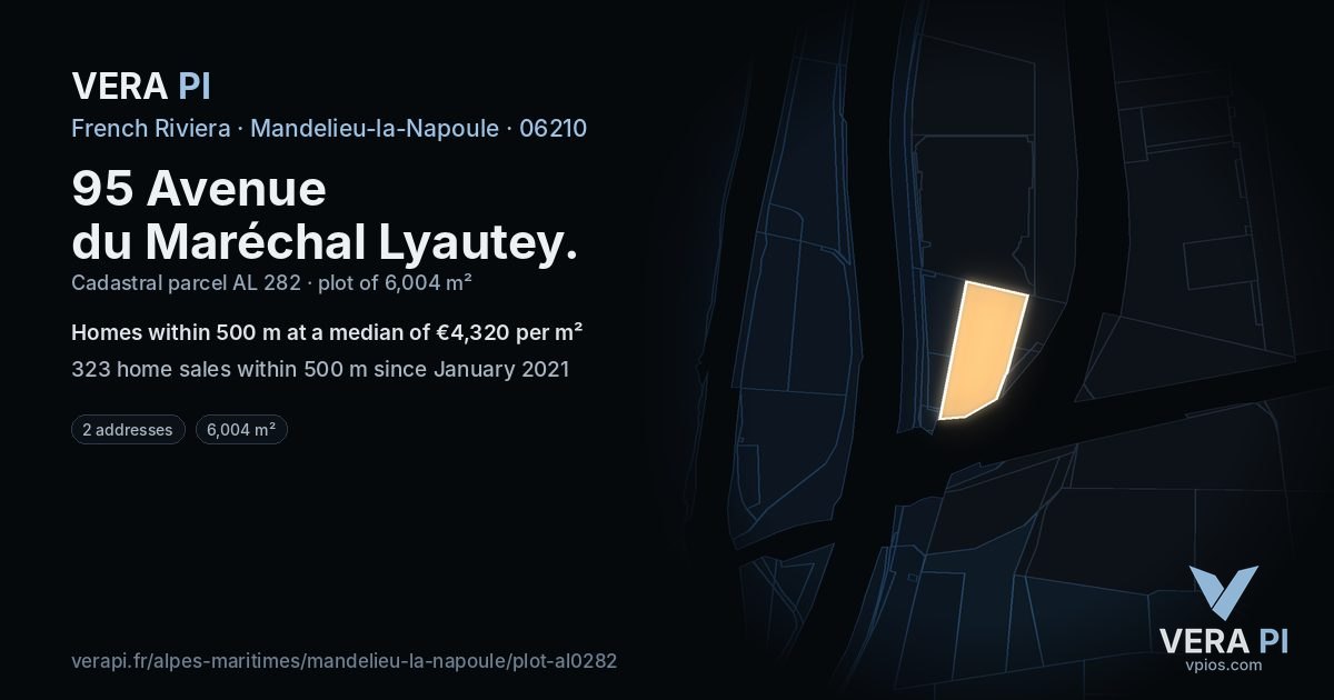 95 Avenue du Maréchal Lyautey, Mandelieu-la-Napoule at night – the plot lit, the parcels around coloured by the prices near them
