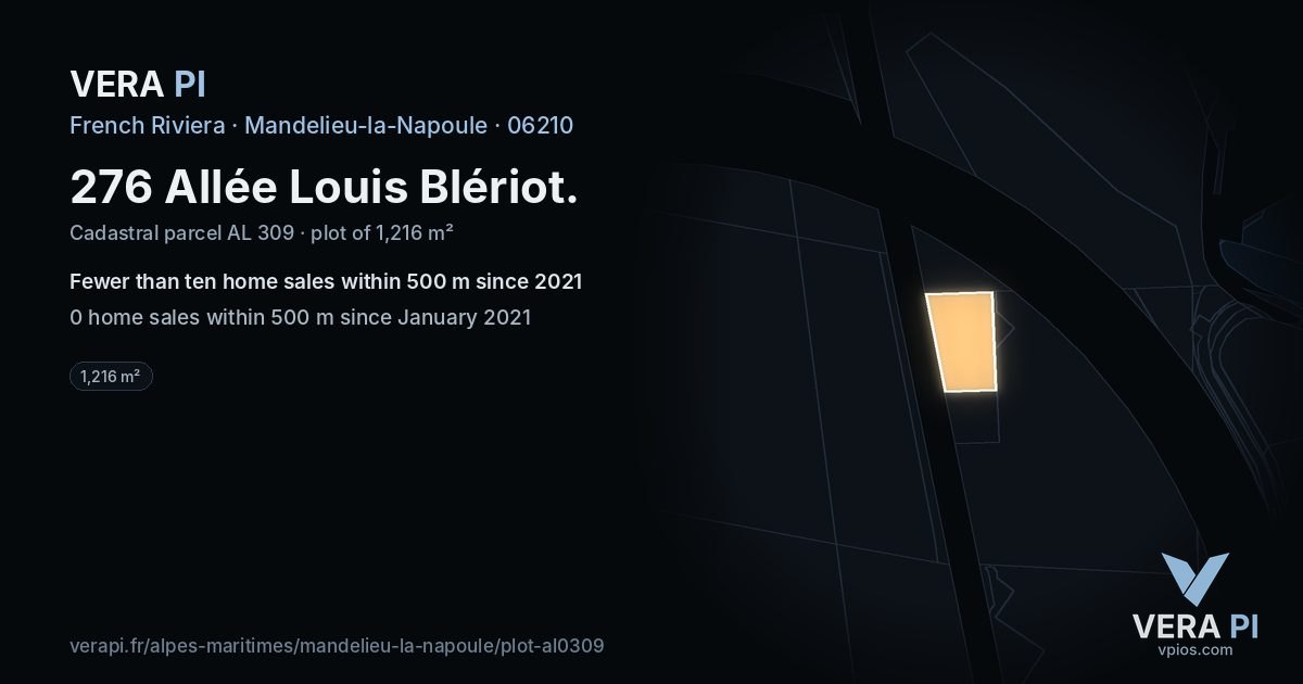 276 Allée Louis Blériot, Mandelieu-la-Napoule at night – the plot lit, the parcels around coloured by the prices near them