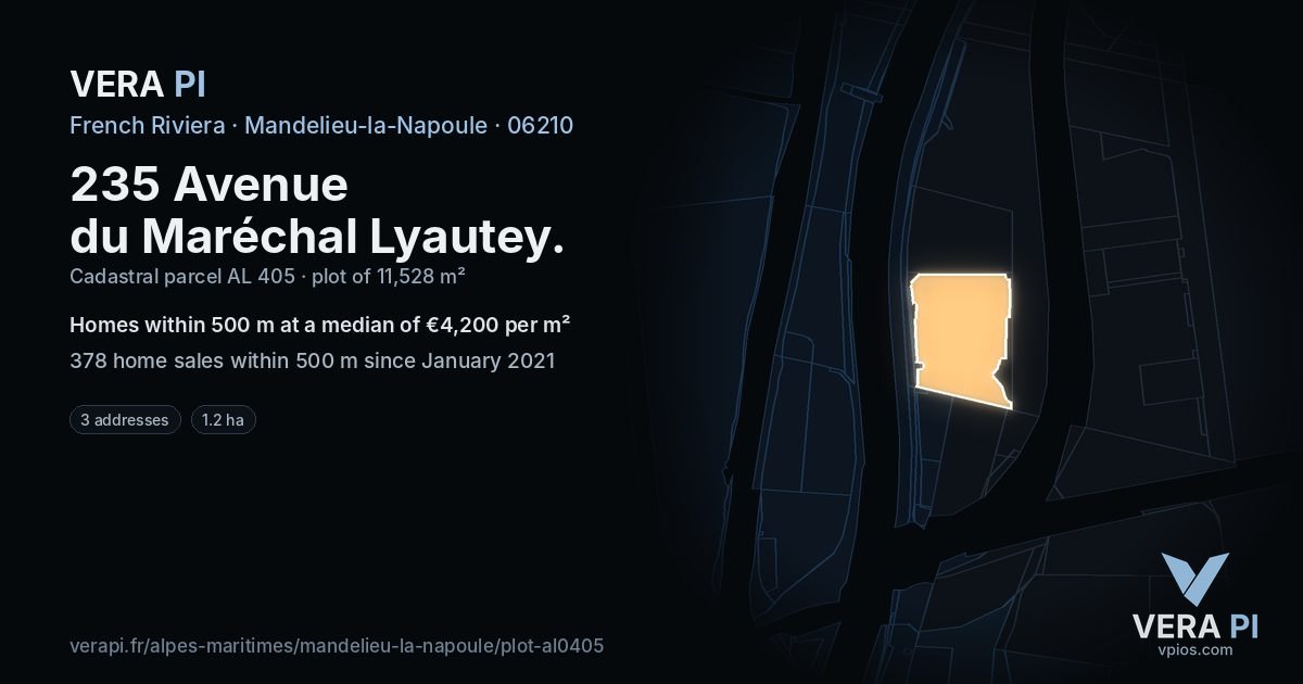 235 Avenue du Maréchal Lyautey, Mandelieu-la-Napoule at night – the plot lit, the parcels around coloured by the prices near them