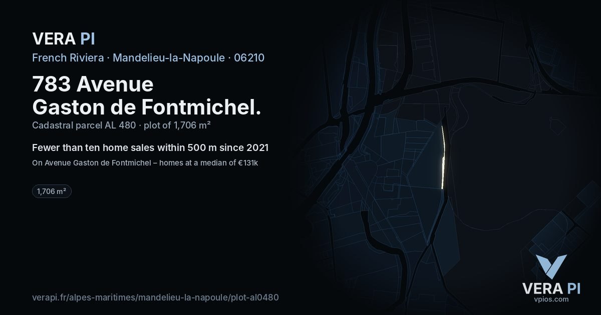 783 Avenue Gaston de Fontmichel, Mandelieu-la-Napoule at night – the plot lit, the parcels around coloured by the prices near them