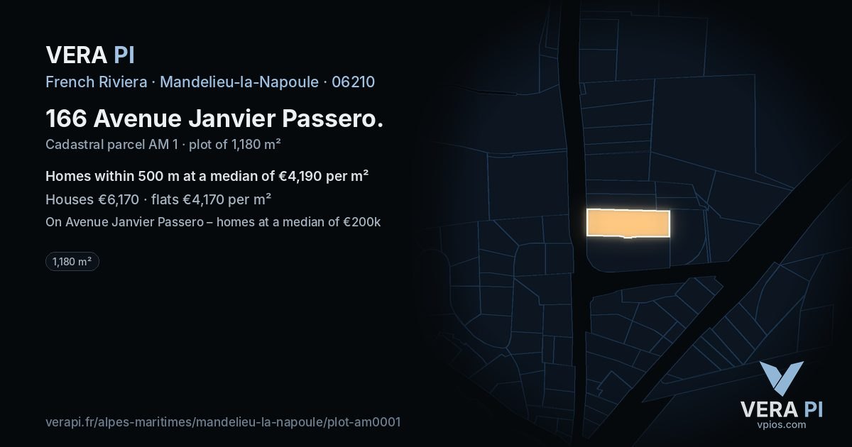 166 Avenue Janvier Passero, Mandelieu-la-Napoule at night – the plot lit, the parcels around coloured by the prices near them
