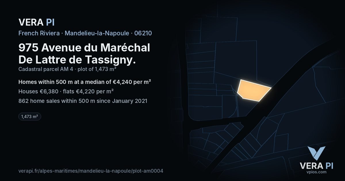 975 Avenue du Maréchal De Lattre de Tassigny, Mandelieu-la-Napoule at night – the plot lit, the parcels around coloured by the prices near them