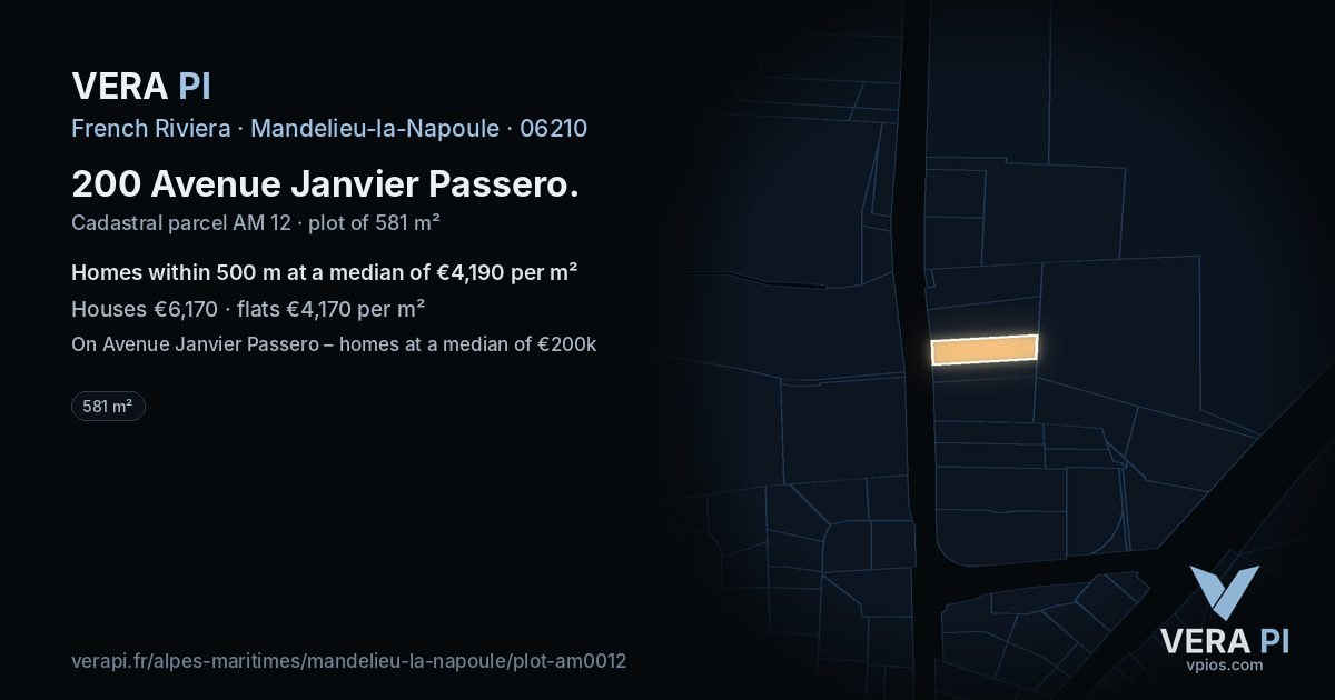 200 Avenue Janvier Passero, Mandelieu-la-Napoule at night – the plot lit, the parcels around coloured by the prices near them