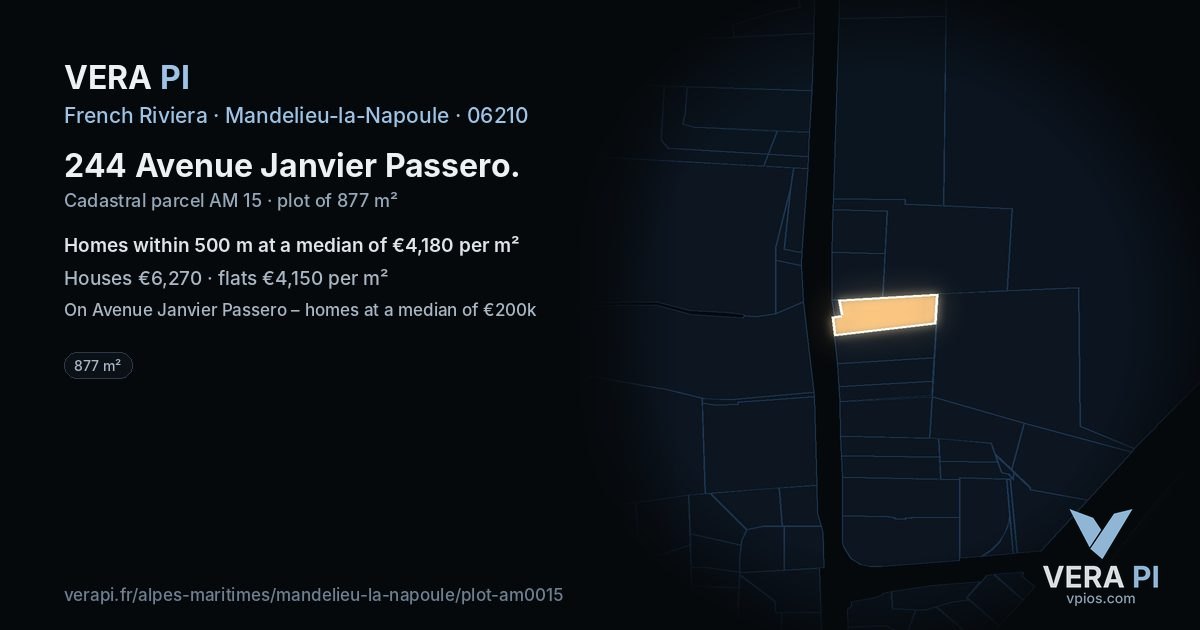 244 Avenue Janvier Passero, Mandelieu-la-Napoule at night – the plot lit, the parcels around coloured by the prices near them
