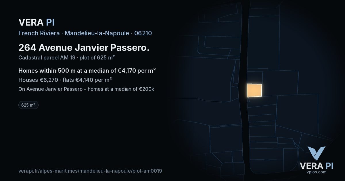 264 Avenue Janvier Passero, Mandelieu-la-Napoule at night – the plot lit, the parcels around coloured by the prices near them